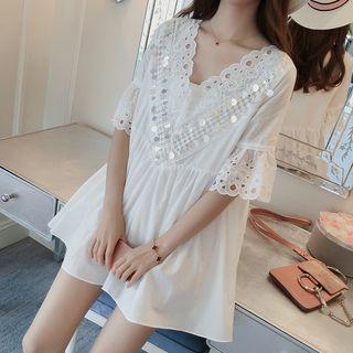 Eyelet Lace Trim Elbow-sleeve A-line Dress