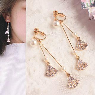 Faux Pearl Rhinestone Fan Drop Earring / Clip-on Earring