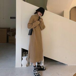 Slit-side High Neck Cable Knit Dress