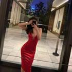 Spaghetti Strap Plunge-neck Midi Bodycon Dress