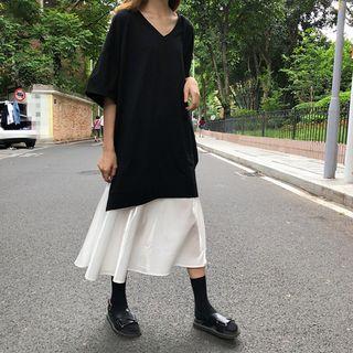 Mock Two Piece Elbow-sleeve Midi Dress As Shown In Figure - One Size