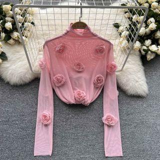 Turtleneck Flower Accent Mesh Top