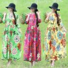 Flower Print 3/4-sleeve Midi A-line Dress