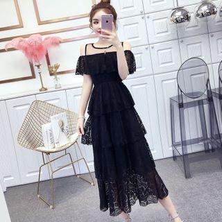 Cold-shoulder Layered Maxi A-line Lace Dress
