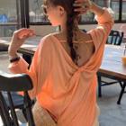 Open Back Long-sleeve T-shirt / Tiered Midi Skirt