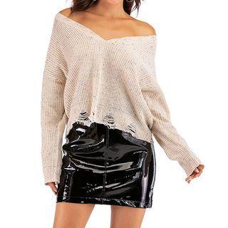 Frayed Melange Off-shoulder Sweater