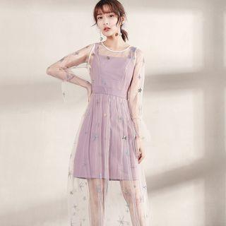 Set: Wide Strap A-line Dress + Star Embroidered Overall Dress