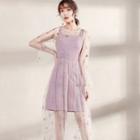 Set: Wide Strap A-line Dress + Star Embroidered Overall Dress