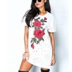 Short Sleeve Floral Embroidered Distressed Sheath Dress
