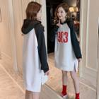 Printed Two-tone Hooded Long-sleeve Midi Dress