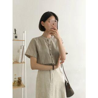 Mandarin-collar Short-sleeve Pinstripe Shirt