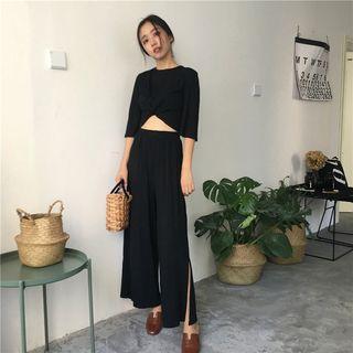 Set: Cropped Elbow-sleeve Top + Wide Leg Pants