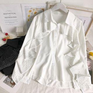 Rhinestone Ruffle-trim Loose Shirt