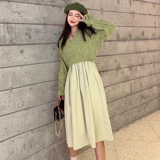 Long-sleeve Drawstring Cable Knit Sweater / Spaghetti-strap Plain Dress