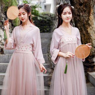 Set: Plaid Hanfu Blouse + Flower Embroidered Mesh Maxi A-line Skirt