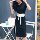 Plain Short Sleeve Side Slit T-shirt Dress With Belt