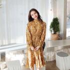 Mock-neck Floral Print A-line Dress