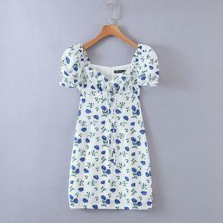 Square-neck Short-sleeve Floral A-line Mini Dress