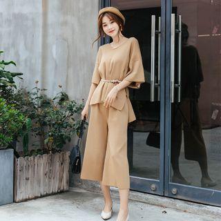 Set: Elbow-sleeve Knit Top + Cropped Knit Gaucho Pants