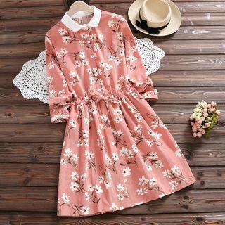 Floral Print Collared A-line Corduroy Dress