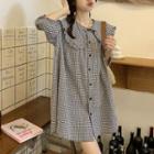 Puff-sleeve Collared Button-up Mini A-line Dress
