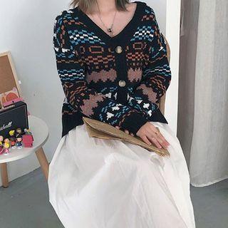 Patterned Cropped Cardigan Black - One Size