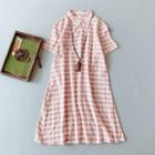 Traditional Chinese Short-sleeve Gingham Frog Buttoned A-line Midi Dress