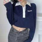 Long-sleeve Contrast Collar Lettering Crop Polo Shirt