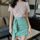 Short-sleeve Sequined T-shirt / Crinkled Ruffled Mini Pencil Skirt