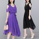 Cut Out Shoulder Short Sleeve Midi Chiffon Dress