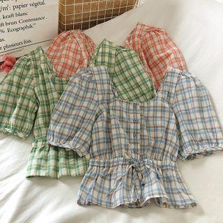 Plaid Square Neck Drawstring-waist Blouse