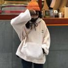 Hooded Long-sleeve Embroidered Lettering Faux Furry Sweatshirt