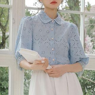 Elbow-sleeve Collared Eyelet Blouse