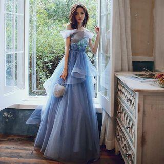 Off-shoulder Sequined Ruffled Evening Gown