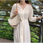 3/4-sleeve Lace Trim Drawstring Midi A-line Dress