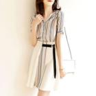 Set: Short-sleeve Striped Blouse + Mini A-line Skirt