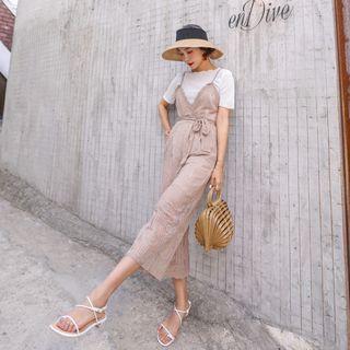 Set: Round-neck Top + Spaghetti-strap Textured Jumpsuit