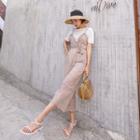 Set: Round-neck Top + Spaghetti-strap Textured Jumpsuit