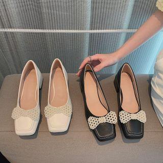 Bead Bow Block-heel Pumps