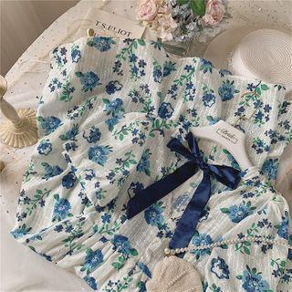 Floral Puff-sleeve Bow Midi A-line Dress