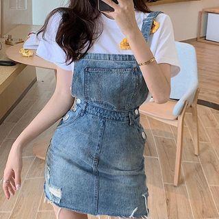 Flower T-shirt / Denim Ribbon Jumper Dress