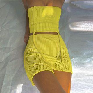 Set: Strappy Knit Tube Top + Pointelle Knit Mini Pencil Skirt