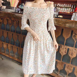 Off-shoulder Floral Print Smocked Midi A-line Dress