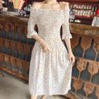 Off-shoulder Floral Print Smocked Midi A-line Dress