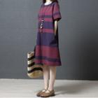 Elbow-sleeve Striped Midi A-line Linen Dress