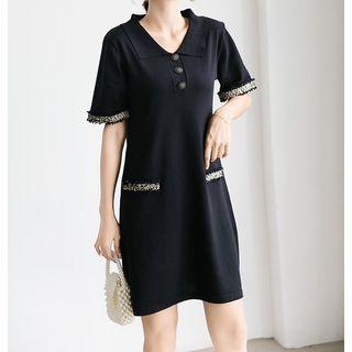 Elbow-sleeve Tweed Trim A-line Mini Dress
