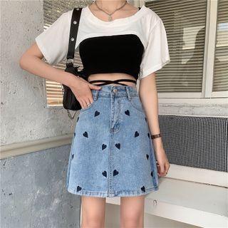 High-waist Print Denim Skirt