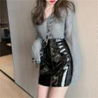V-neck Sweater / Patent Mini A-line Skirt