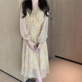 Set: Slipdress + Flower Print Long-sleeve Midi Shift Dress As Shown In Figure - One Size
