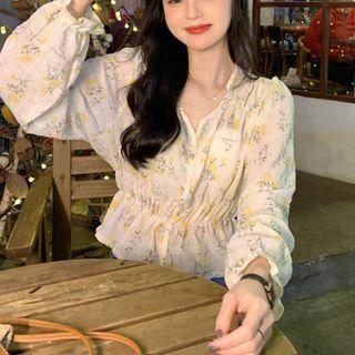 Puff-sleeve Floral Print Blouse Floral - Yellow - One Size